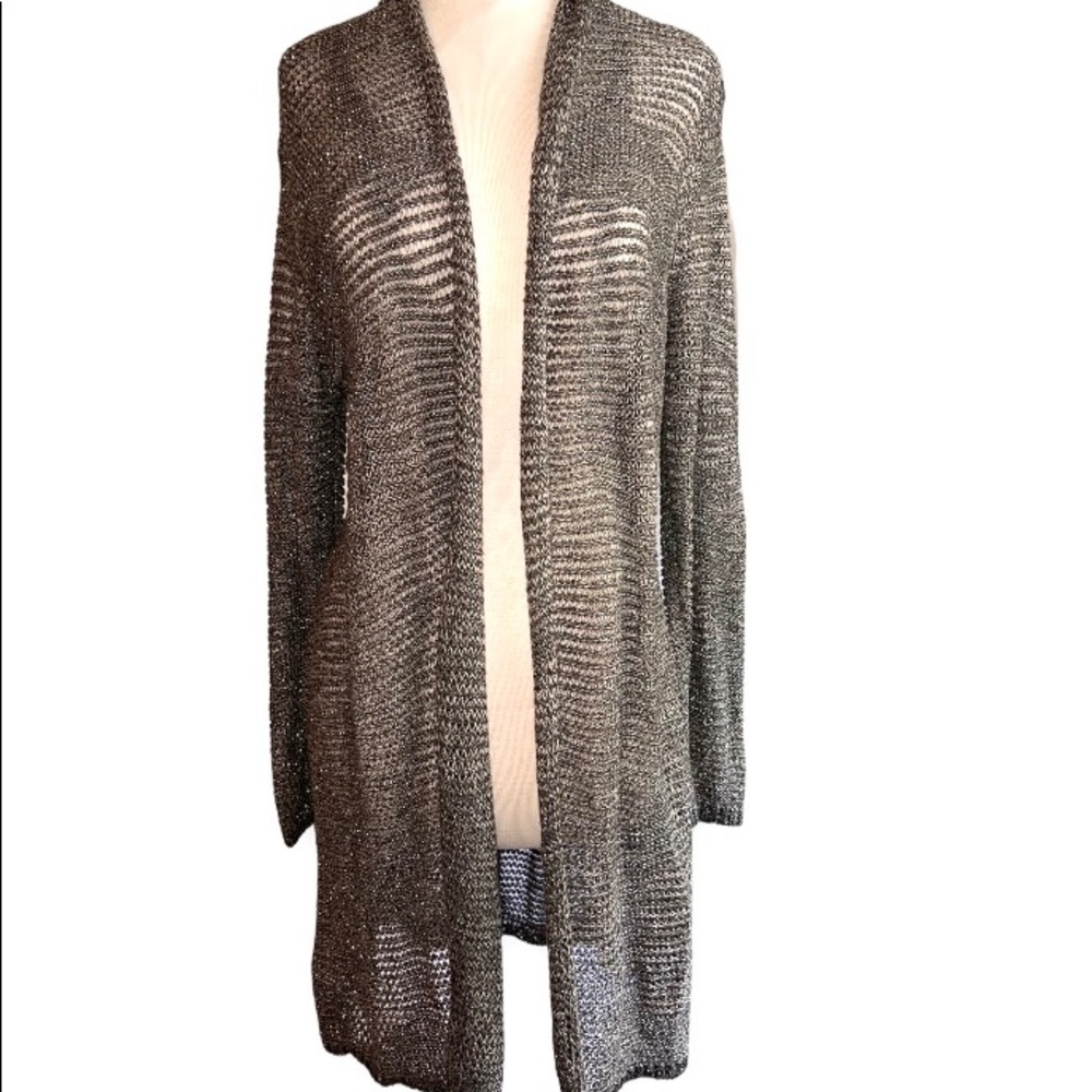 Eileen Fisher Woman’s Open Sheer Cardigan Sz Large Tan & Gray Gold Threads